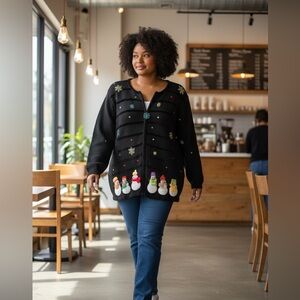 Quacker Factory Christmas Cardigan- Beading- Sequins- Applique- Snowmen sz LG